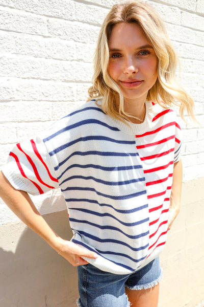 Patriotic Red & Blue Stripe Drop Shoulder Oversize Sweater Top - Online Only!