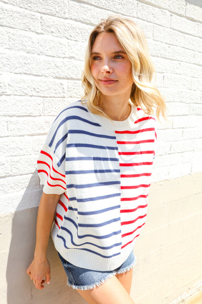 Patriotic Red & Blue Stripe Drop Shoulder Oversize Sweater Top - Online Only!