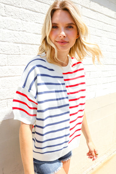 Patriotic Red & Blue Stripe Drop Shoulder Oversize Sweater Top - Online Only!