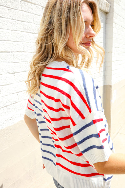 Patriotic Red & Blue Stripe Drop Shoulder Oversize Sweater Top - Online Only!
