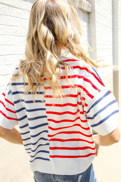 Patriotic Red & Blue Stripe Drop Shoulder Oversize Sweater Top - Online Only!