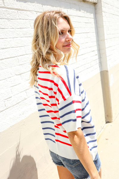 Patriotic Red & Blue Stripe Drop Shoulder Oversize Sweater Top - Online Only!