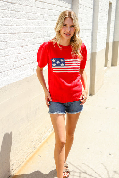 American Flag Bubble Short Sleeve Jacquard Sweater Knit Pullover - Online Only!
