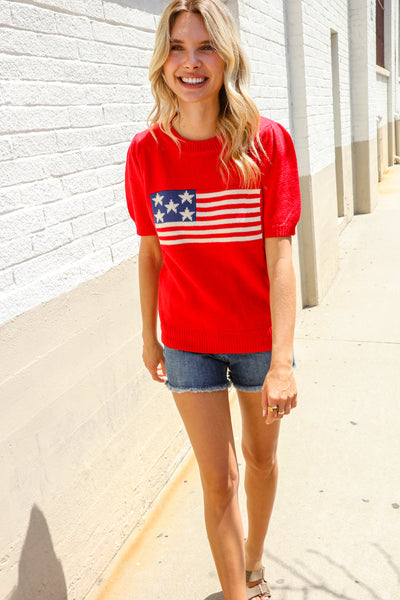 American Flag Bubble Short Sleeve Jacquard Sweater Knit Pullover - Online Only!