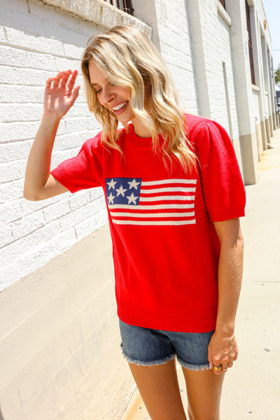 American Flag Bubble Short Sleeve Jacquard Sweater Knit Pullover - Online Only!