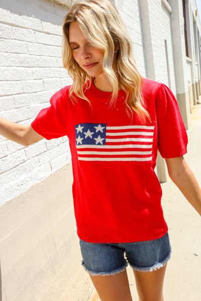 American Flag Bubble Short Sleeve Jacquard Sweater Knit Pullover - Online Only!