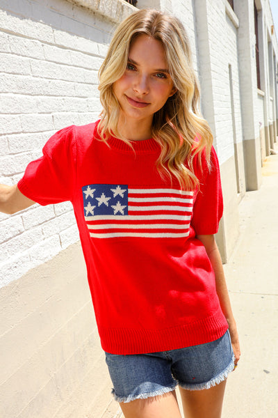 American Flag Bubble Short Sleeve Jacquard Sweater Knit Pullover - Online Only!