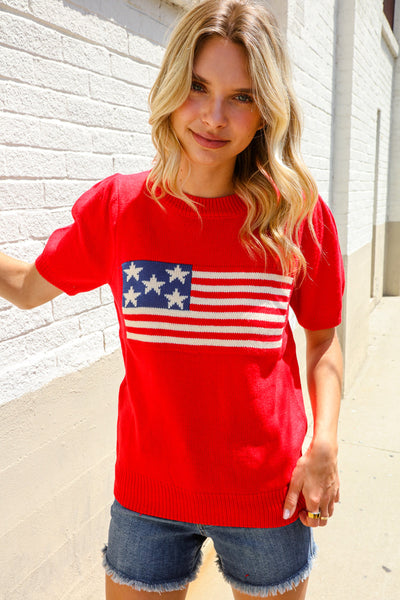 American Flag Bubble Short Sleeve Jacquard Sweater Knit Pullover - Online Only!