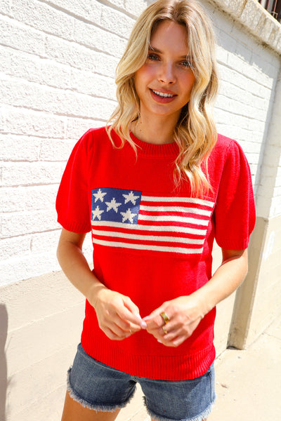 American Flag Bubble Short Sleeve Jacquard Sweater Knit Pullover - Online Only!