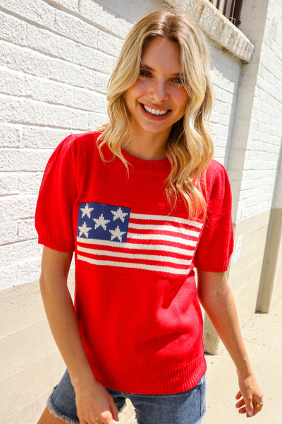 American Flag Bubble Short Sleeve Jacquard Sweater Knit Pullover - Online Only!