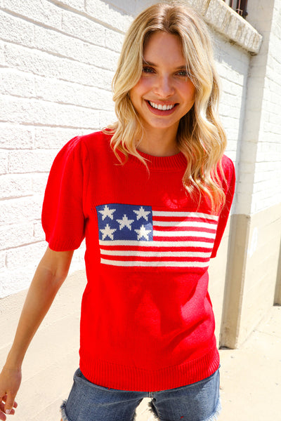 American Flag Bubble Short Sleeve Jacquard Sweater Knit Pullover - Online Only!