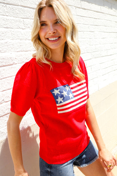 American Flag Bubble Short Sleeve Jacquard Sweater Knit Pullover - Online Only!