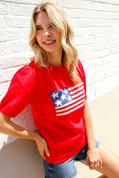 American Flag Bubble Short Sleeve Jacquard Sweater Knit Pullover - Online Only!