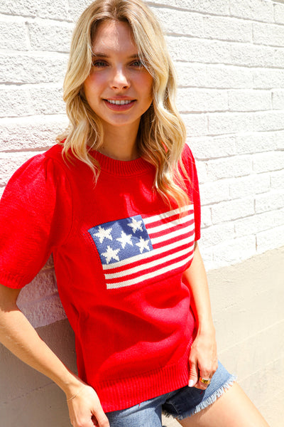 American Flag Bubble Short Sleeve Jacquard Sweater Knit Pullover - Online Only!