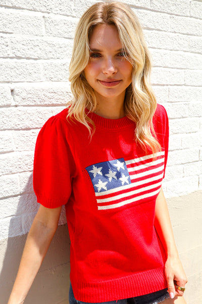 American Flag Bubble Short Sleeve Jacquard Sweater Knit Pullover - Online Only!