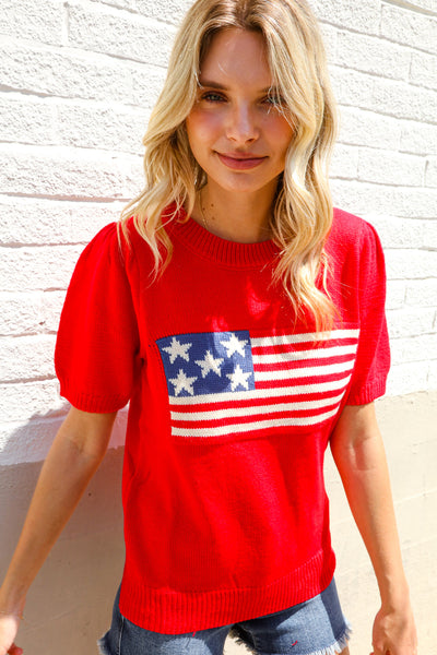 American Flag Bubble Short Sleeve Jacquard Sweater Knit Pullover - Online Only!