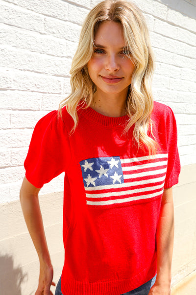 American Flag Bubble Short Sleeve Jacquard Sweater Knit Pullover - Online Only!
