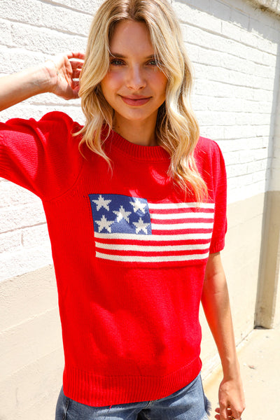 American Flag Bubble Short Sleeve Jacquard Sweater Knit Pullover - Online Only!