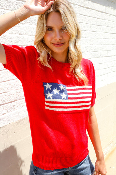 American Flag Bubble Short Sleeve Jacquard Sweater Knit Pullover - Online Only!