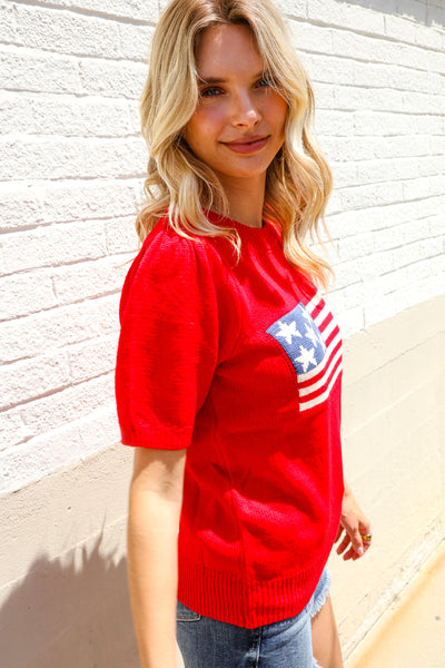 American Flag Bubble Short Sleeve Jacquard Sweater Knit Pullover - Online Only!