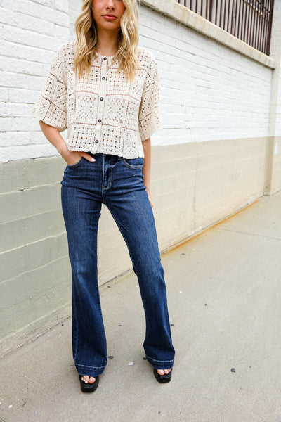 Judy Blue High Rise Trouser Flare Dark Wash Denim Jeans - Online Only!