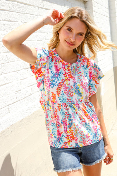 Ivory Floral Leaf Print Short Sleeve Babydoll Top - Online Only!
