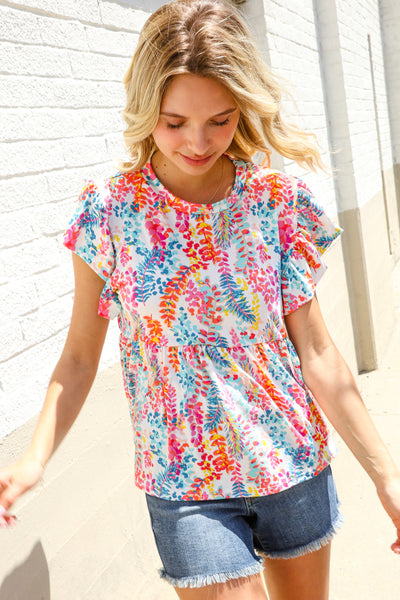 Ivory Floral Leaf Print Short Sleeve Babydoll Top - Online Only!