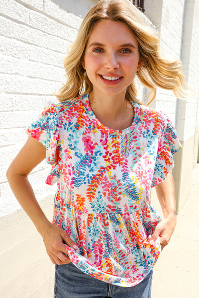 Ivory Floral Leaf Print Short Sleeve Babydoll Top - Online Only!