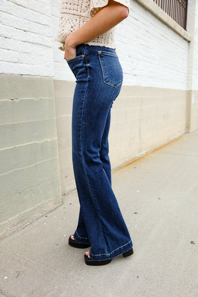 Judy Blue High Rise Trouser Flare Dark Wash Denim Jeans - Online Only!