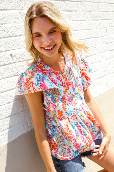 Ivory Floral Leaf Print Short Sleeve Babydoll Top - Online Only!