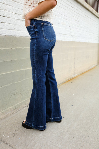 Judy Blue High Rise Trouser Flare Dark Wash Denim Jeans - Online Only!
