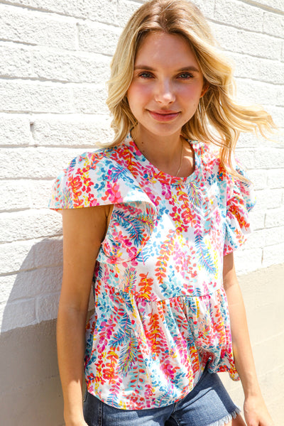 Ivory Floral Leaf Print Short Sleeve Babydoll Top - Online Only!