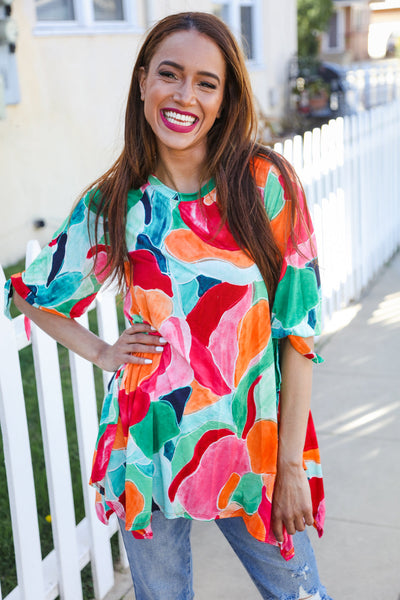 Abstract Print 3/4 Tie Sleeve Shark Bite Hem Tunic - Online Only!