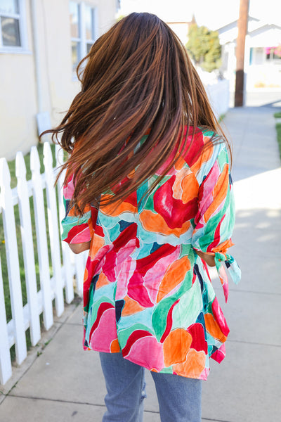 Abstract Print 3/4 Tie Sleeve Shark Bite Hem Tunic - Online Only!