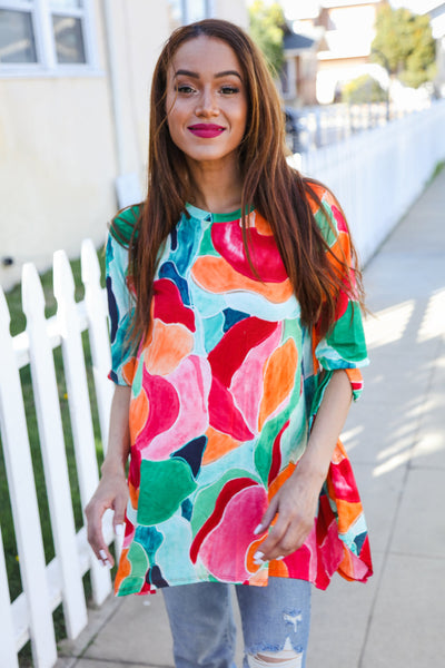 Abstract Print 3/4 Tie Sleeve Shark Bite Hem Tunic - Online Only!