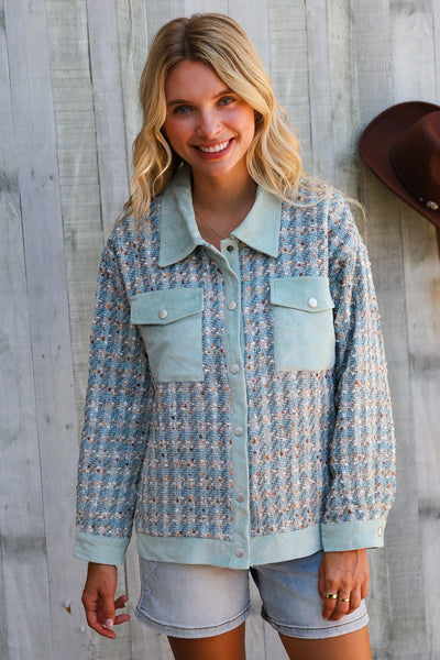 Put Together Turquoise Twill Banded Snap Button Jacket - Online Only!