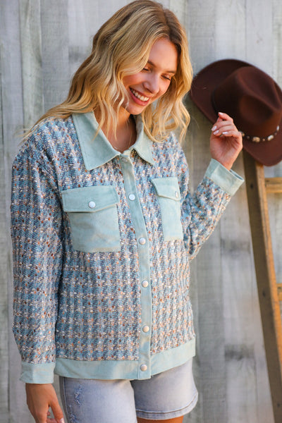 Put Together Turquoise Twill Banded Snap Button Jacket - Online Only!
