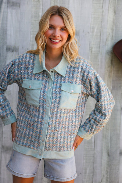 Put Together Turquoise Twill Banded Snap Button Jacket - Online Only!