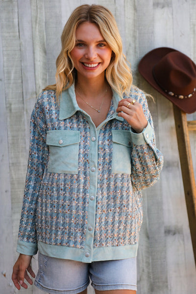 Put Together Turquoise Twill Banded Snap Button Jacket - Online Only!
