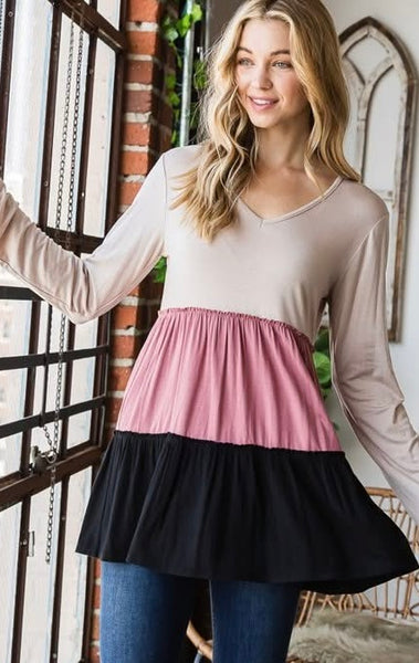 Black & Mauve Color Block Tiered Top