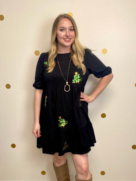 FINAL SALE Umgee Black Christmas Tree Detail Dress