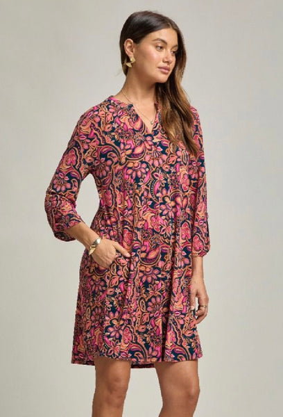 Dark Teal & Pink Print Pocket Dress