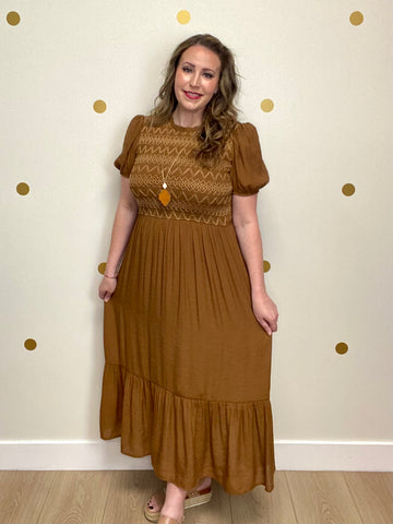 Brown Detailed Smocked Puff Sleeve Midi Dress