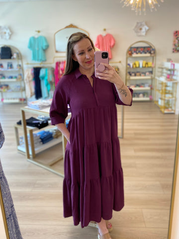 Magenta Button Tiered Maxi Dress