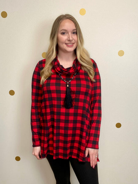 FINAL SALE Black & Red Buffalo Plaid Cowl Neck Tunic