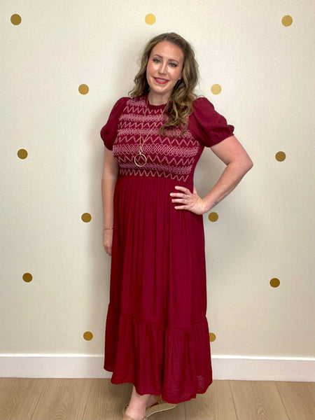 Wine Detailed Smocked Puff Sleeve Midi Dress