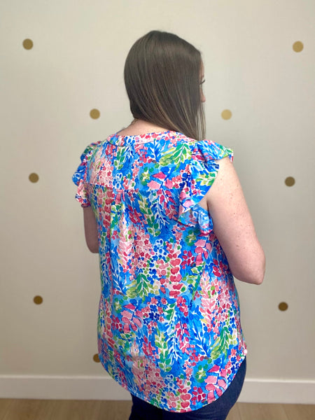 FINAL SALE Blue & Pink Floral Flutter Sleeve Top