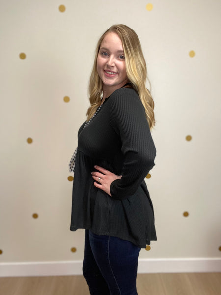 Black Button Peplum Waffle Top
