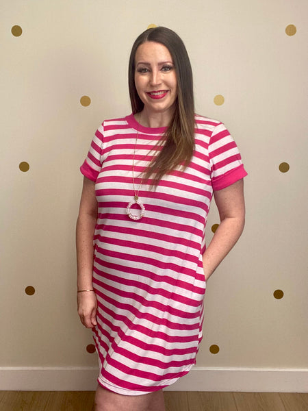 FINAL SALE Fuchsia Striped Button Pocket Dress