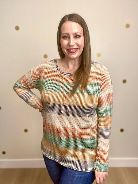 Rust, Hunter Green, & Taupe Multi Striped Top